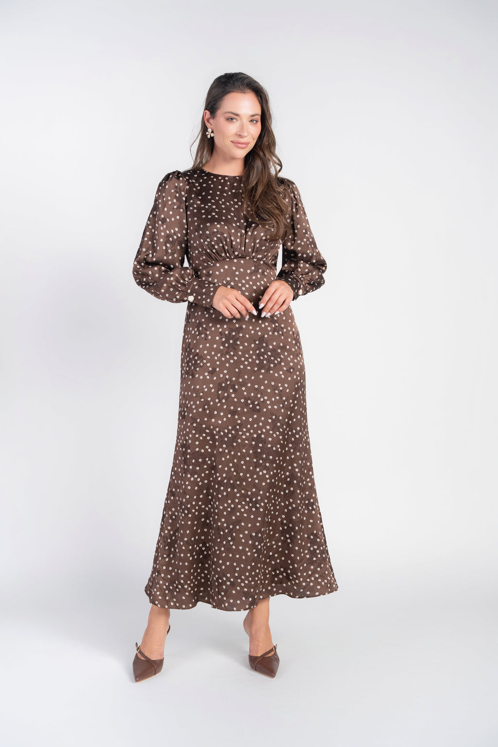Marlo Dress Long Sleeves- Brown Polka Dot Flowers