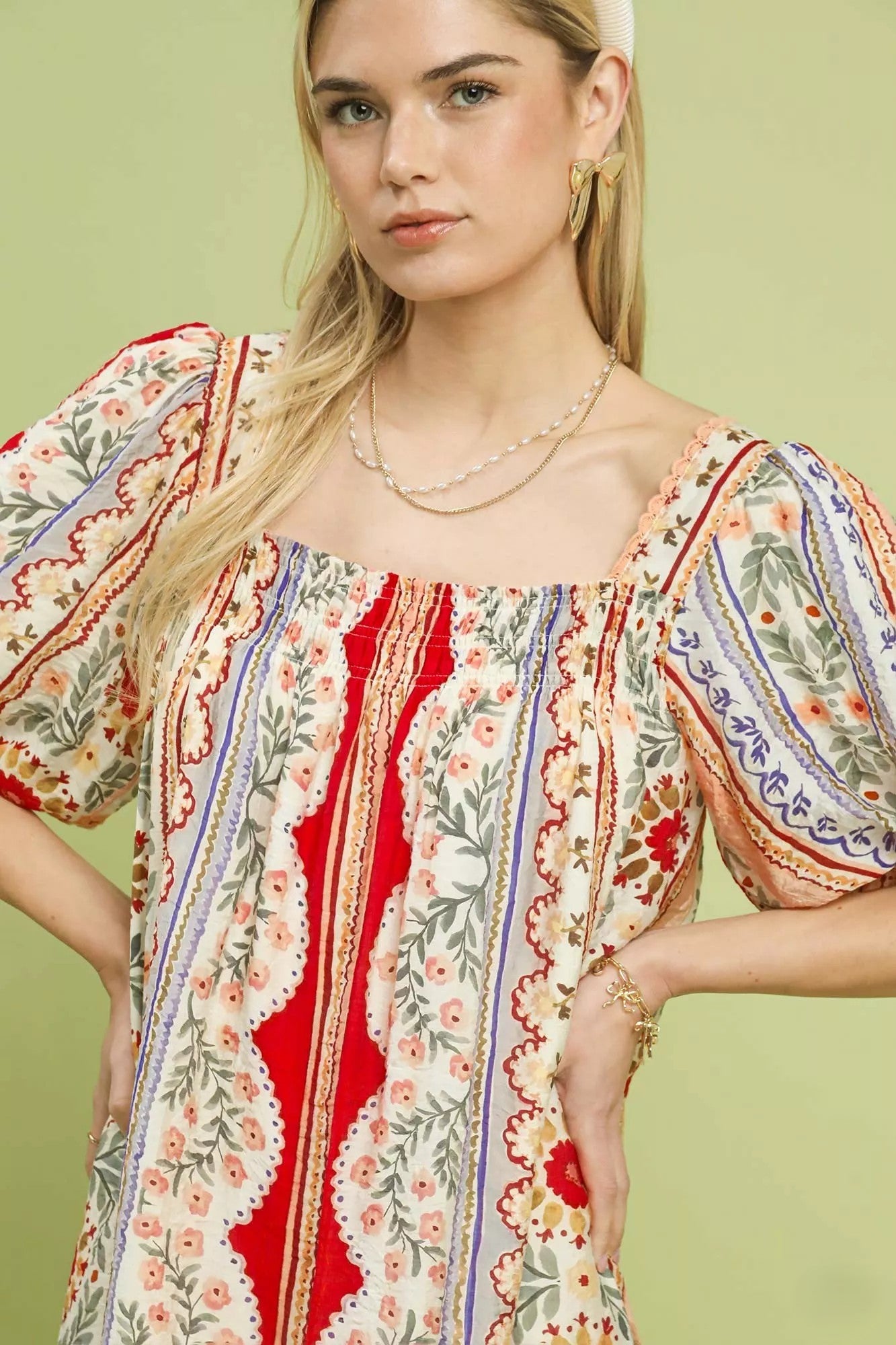 Mixed Print Puff Sleeve Mini Dress