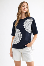 Roxi Pointe Knit Top with Lace Circled with Pearls