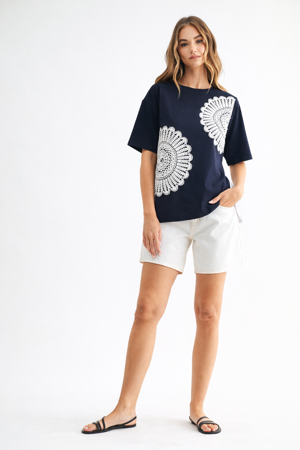 Roxi Pointe Knit Top with Lace Circled with Pearls