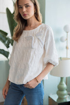 Walynn Woven Top with Pearl Ribbon Bow