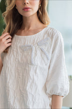 Walynn Woven Top with Pearl Ribbon Bow