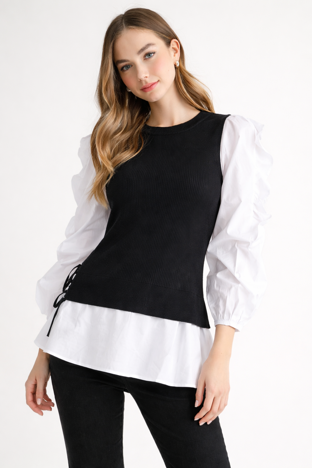 Wanelle Top with Ruffled Sleeves & Detachable Knitted Sweater Vest