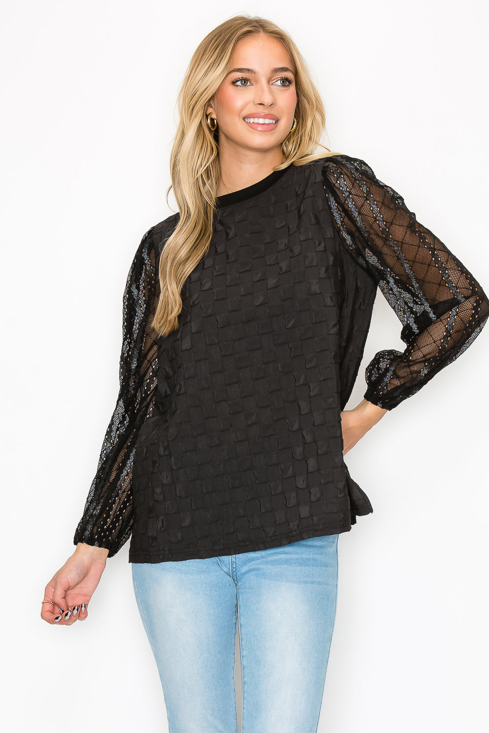 Connie Textured Woven Top with Stretch Mesh Lace
