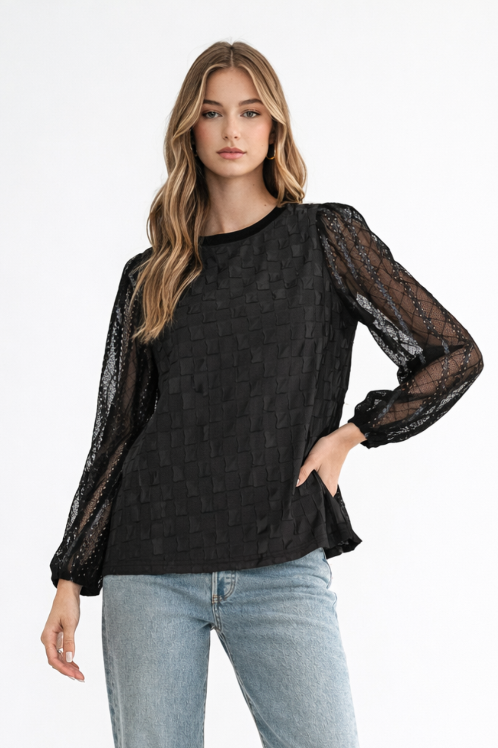 Connie Textured Woven Top with Stretch Mesh Lace