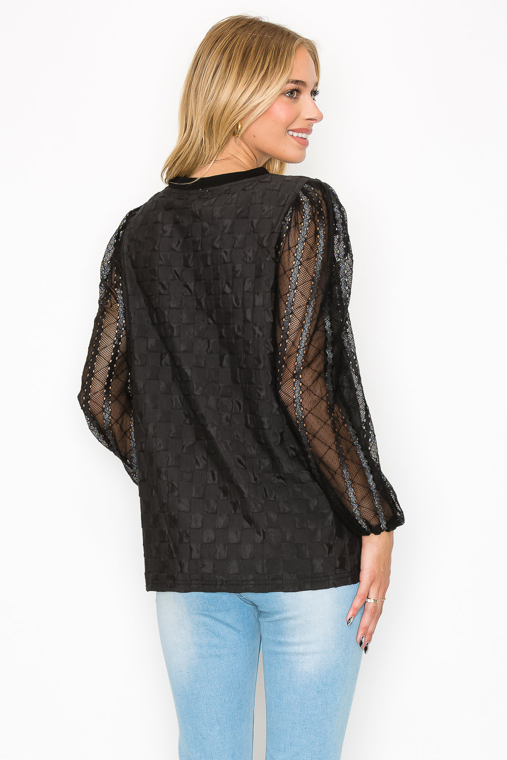 Connie Textured Woven Top with Stretch Mesh Lace