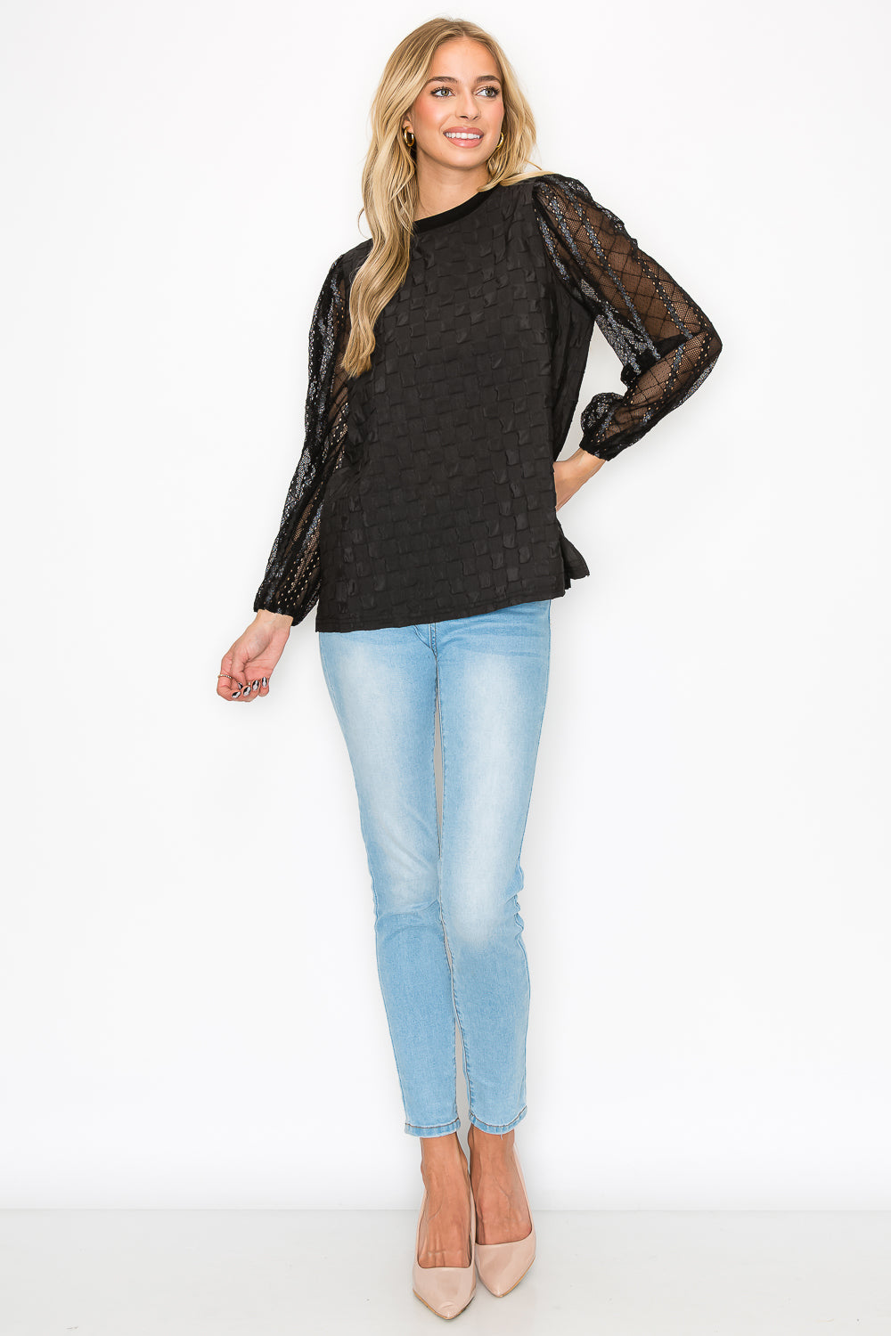 Connie Textured Woven Top with Stretch Mesh Lace