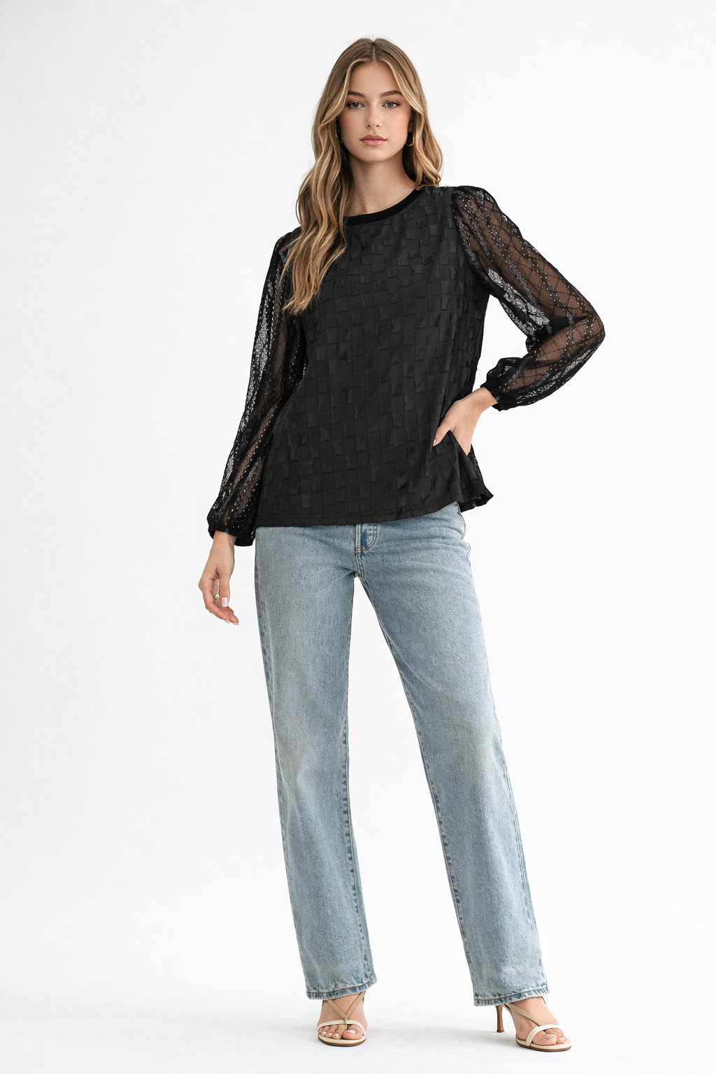 Connie Textured Woven Top with Stretch Mesh Lace