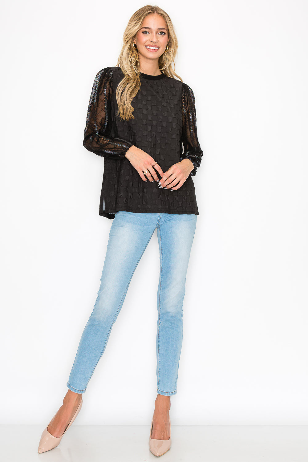 Connie Textured Woven Top with Stretch Mesh Lace
