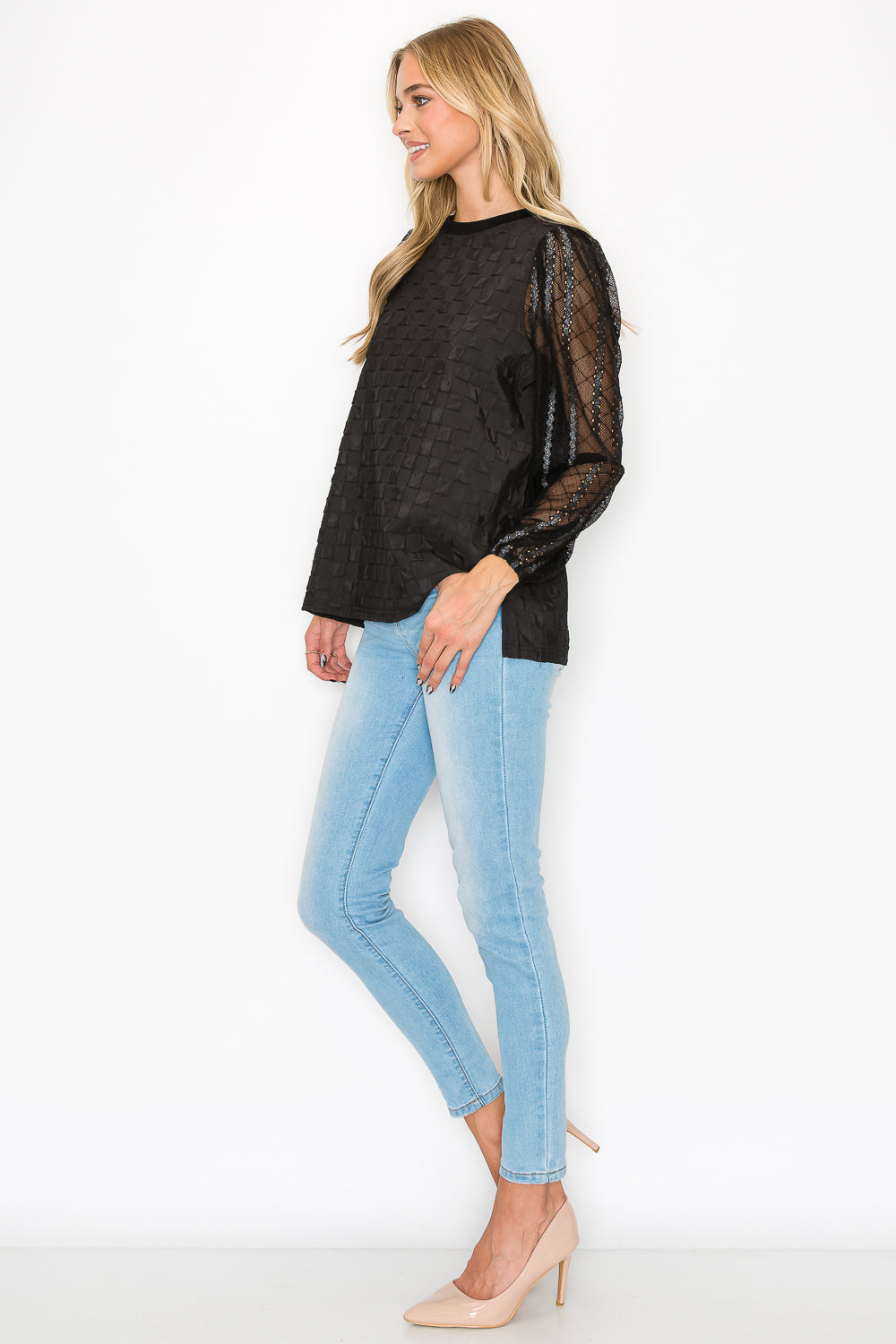 Connie Textured Woven Top with Stretch Mesh Lace