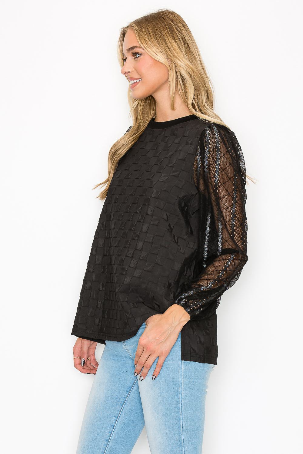 Connie Textured Woven Top with Stretch Mesh Lace