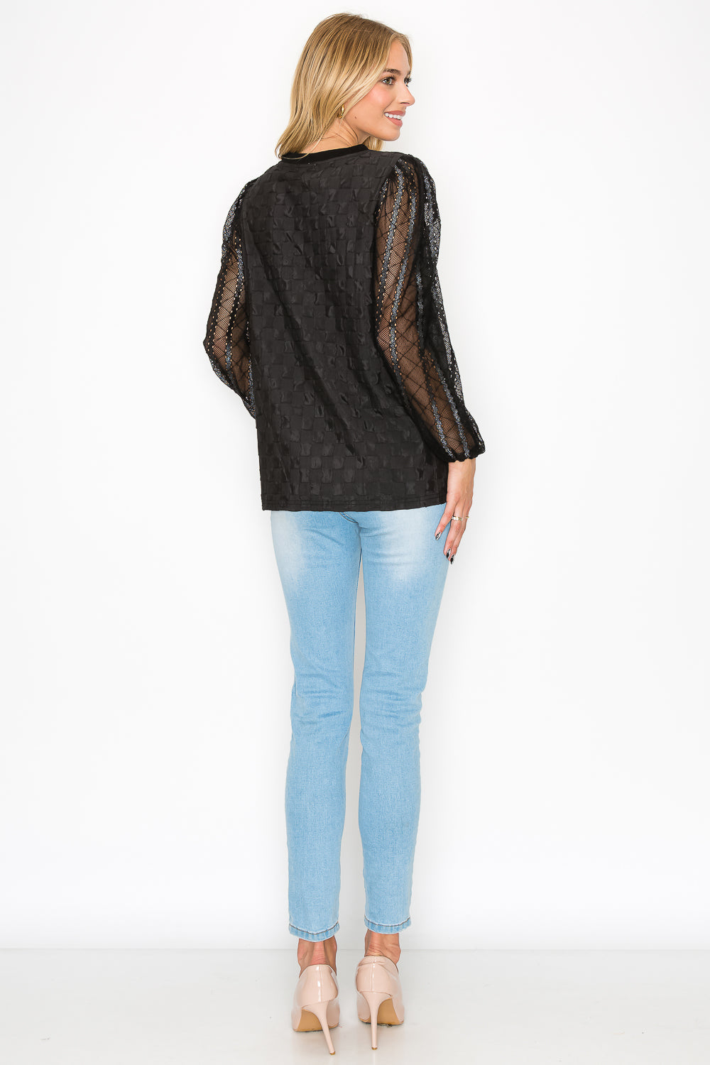 Connie Textured Woven Top with Stretch Mesh Lace