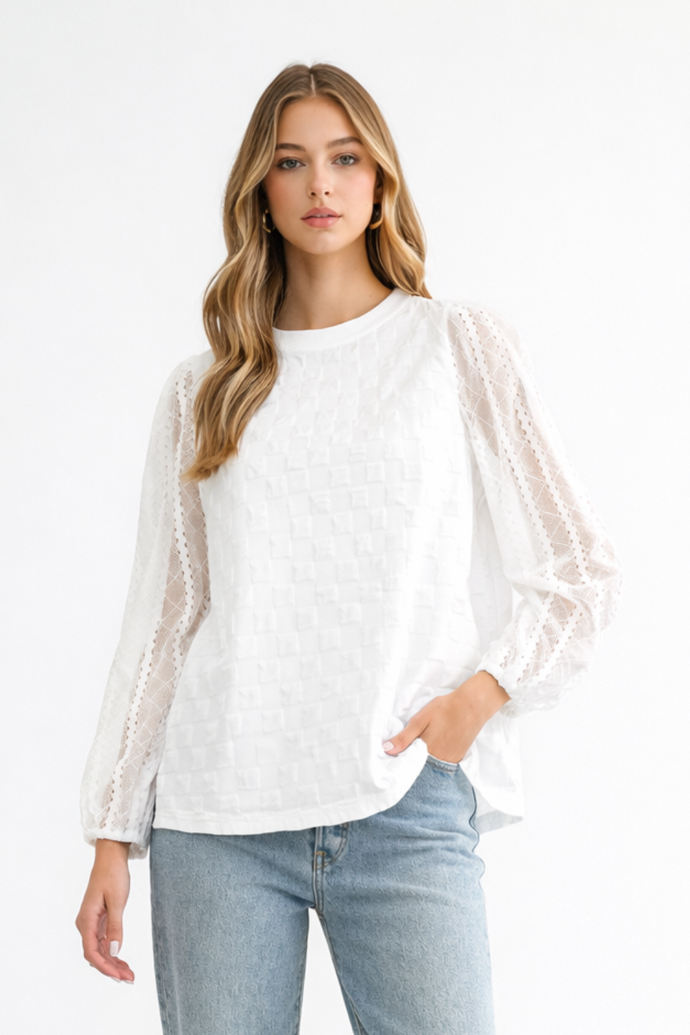 Connie Textured Woven Top with Stretch Mesh Lace
