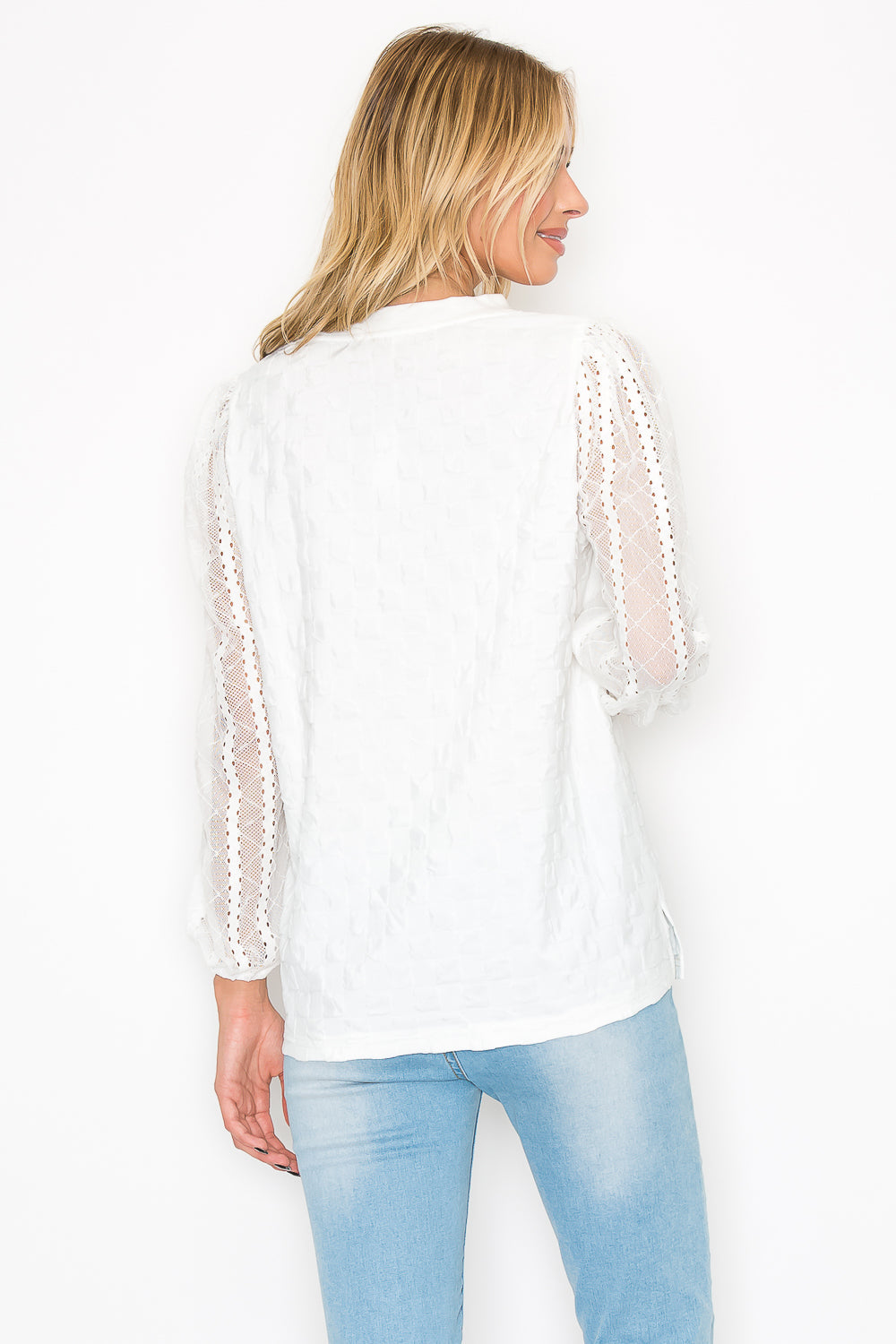 Connie Textured Woven Top with Stretch Mesh Lace