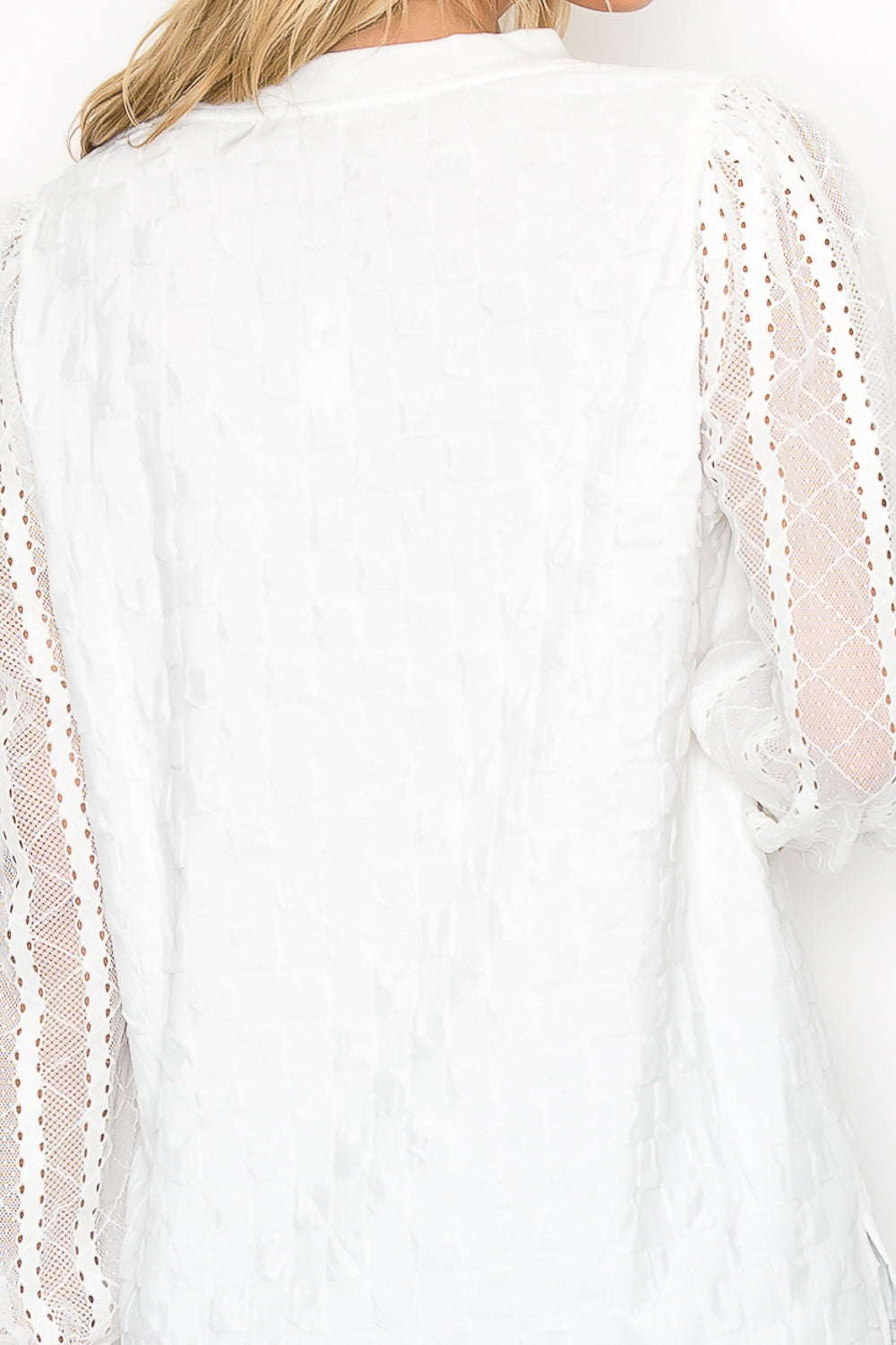 Connie Textured Woven Top with Stretch Mesh Lace