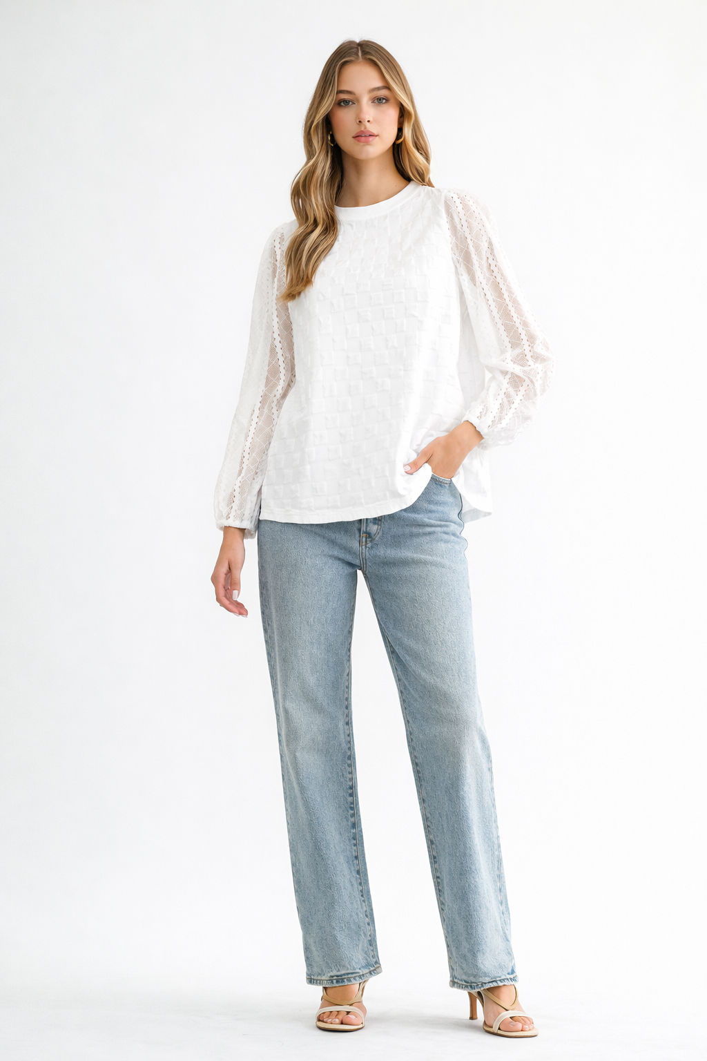 Connie Textured Woven Top with Stretch Mesh Lace
