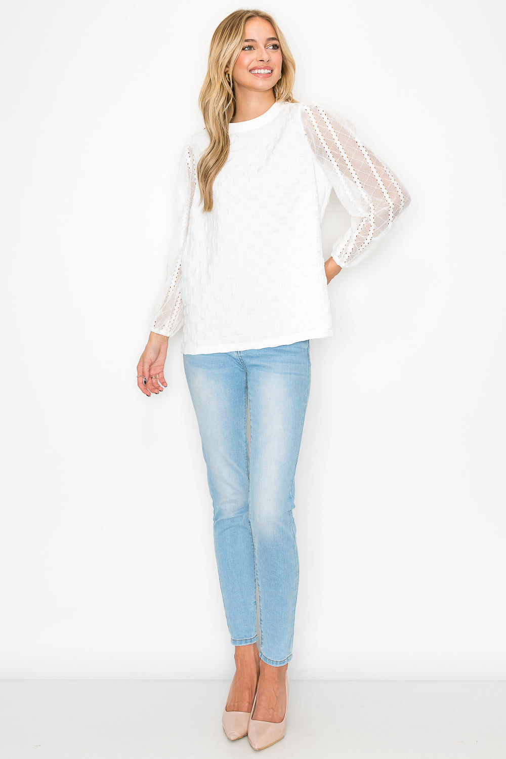 Connie Textured Woven Top with Stretch Mesh Lace