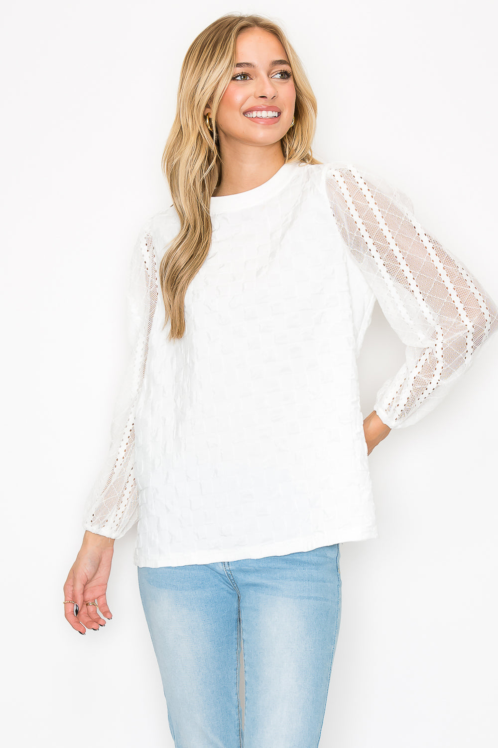 Connie Textured Woven Top with Stretch Mesh Lace