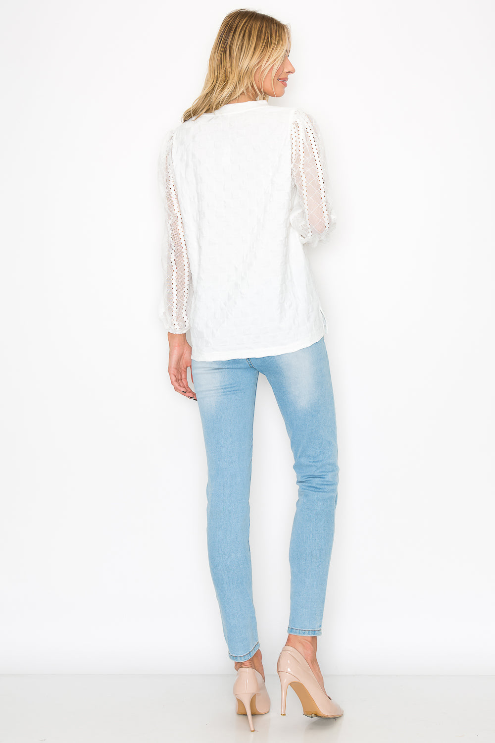 Connie Textured Woven Top with Stretch Mesh Lace