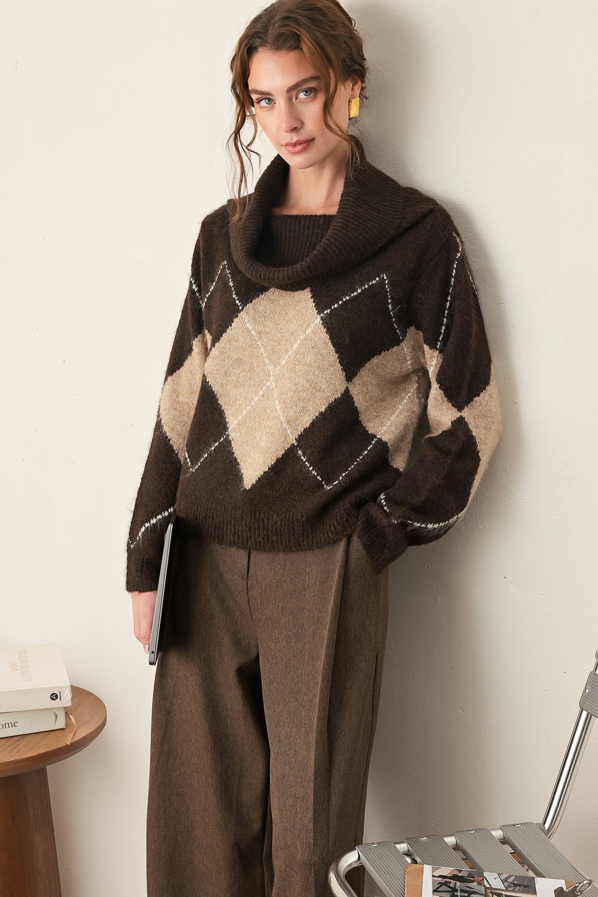 Cozy Moments Brown Argyle Cowl Neck Sweater
