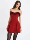 Nalia Crimson Fur Trimmed Sweetheart Mini Dress