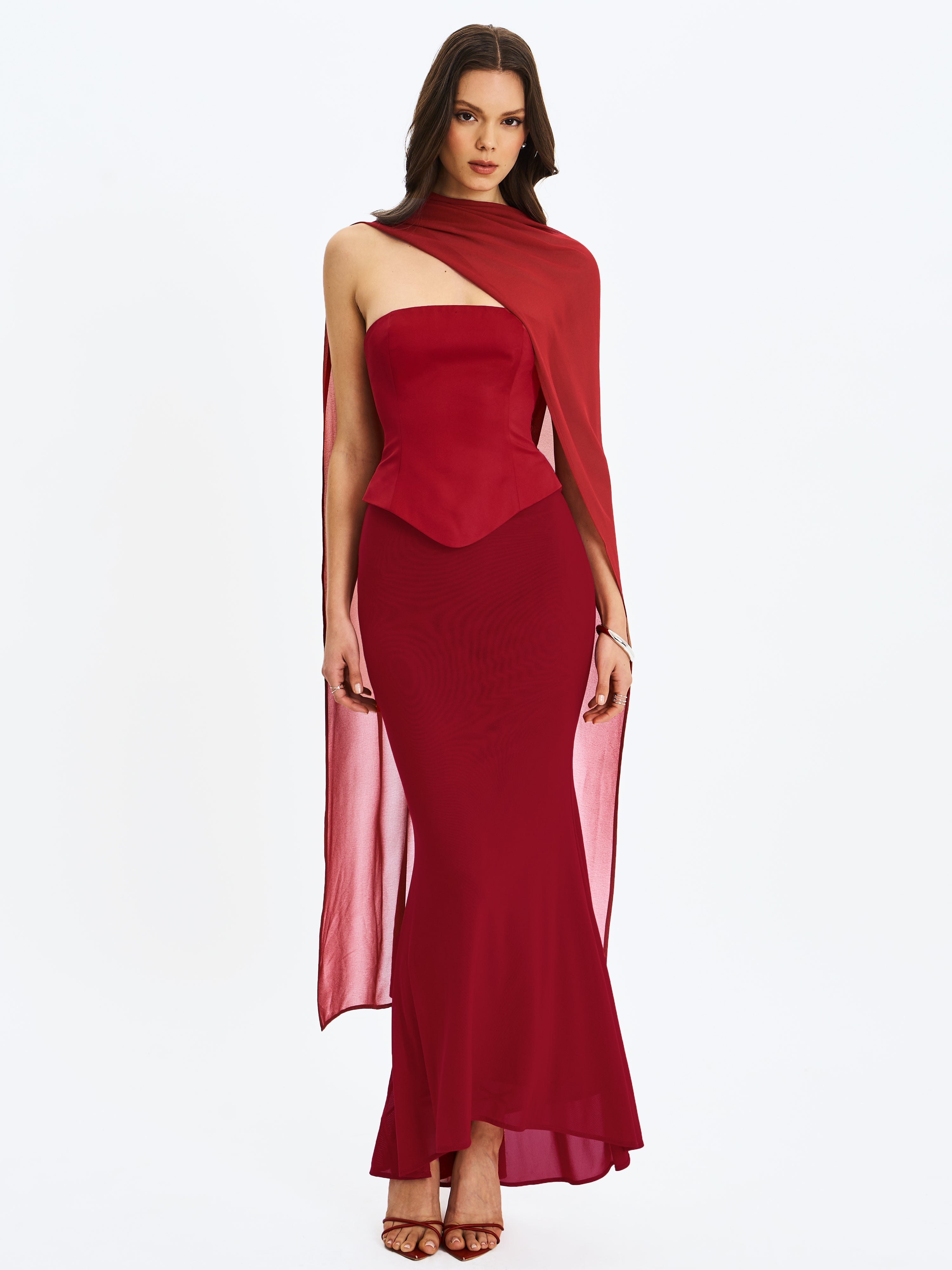 Giselle Crimson Peplum Mermaid Gown with Chiffon Scarf