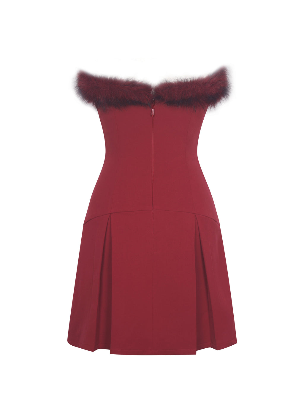 Nalia Crimson Fur Trimmed Sweetheart Mini Dress