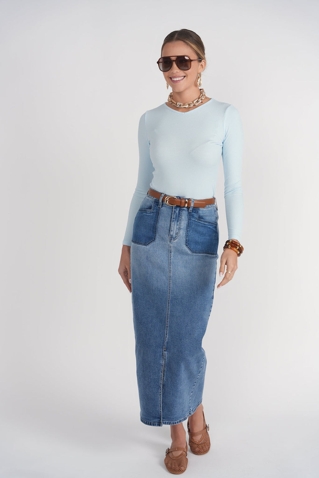 Contrast Pocket Midi Skirt- Blue Denim