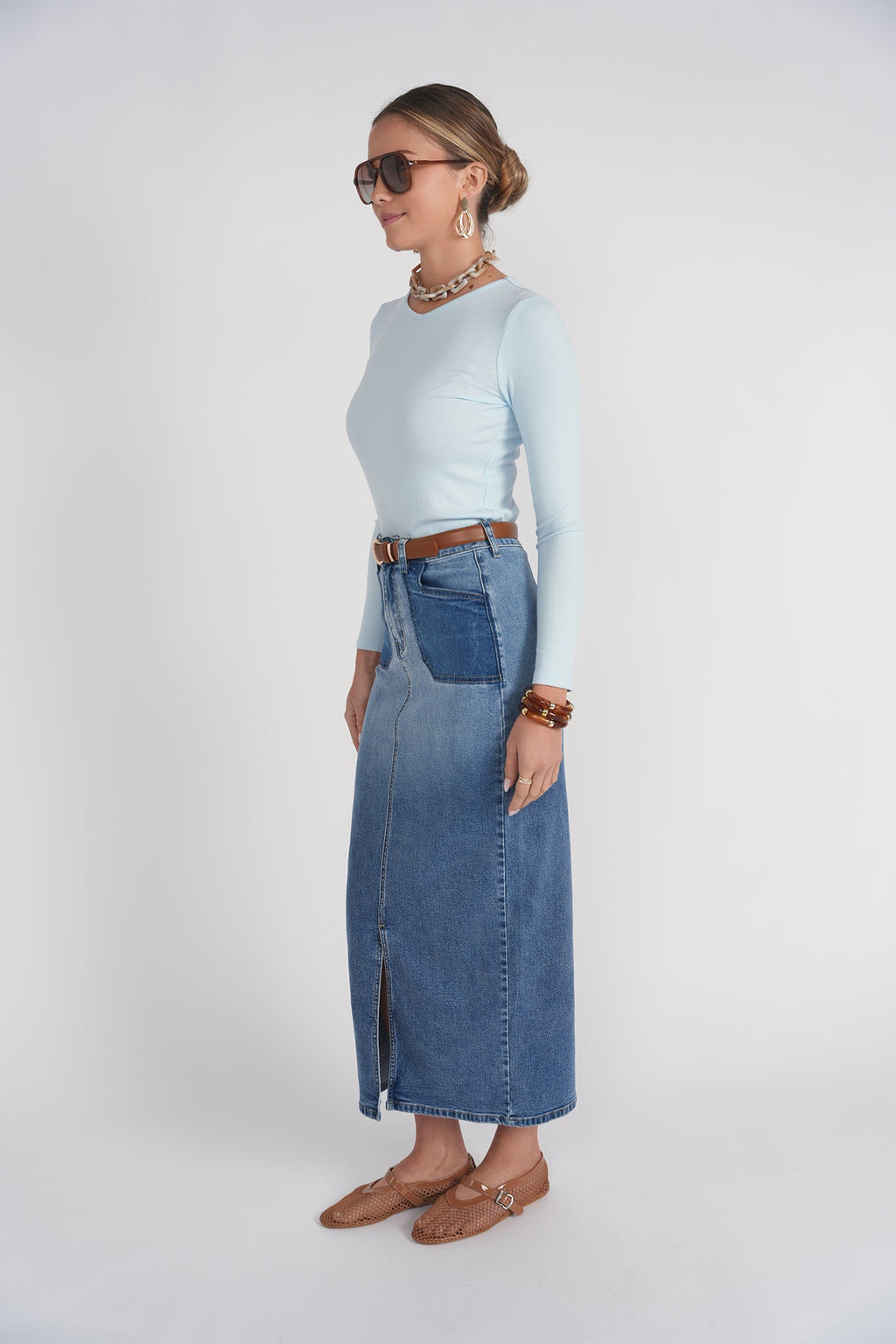 Contrast Pocket Midi Skirt- Blue Denim