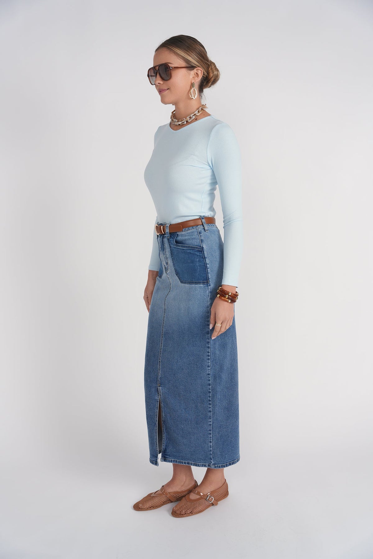 Contrast Pocket Midi Skirt- Blue Denim