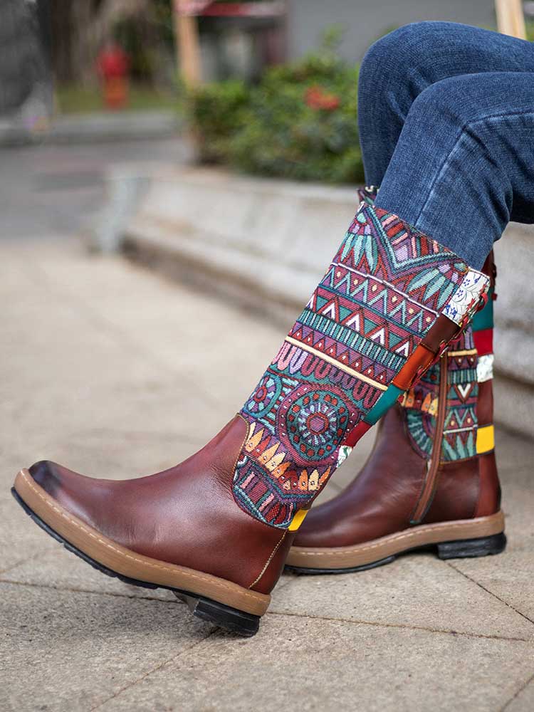 Bohemian Leather Splicing Pattern High Tube Boots