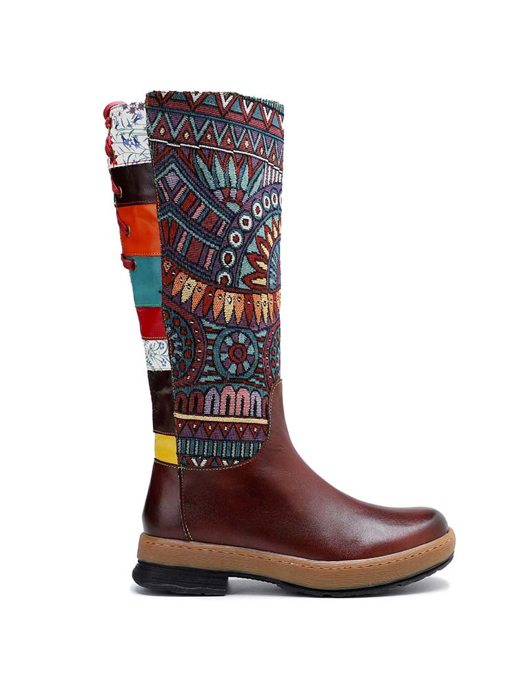 Bohemian Leather Splicing Pattern High Tube Boots