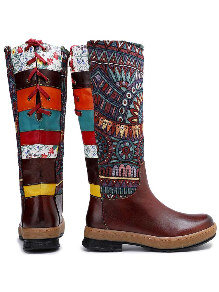 Bohemian Leather Splicing Pattern High Tube Boots