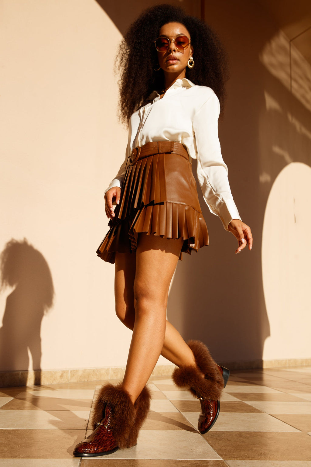 The Izmir Brown Patent Leather Fur-Trimmed Mid-Calf Boots