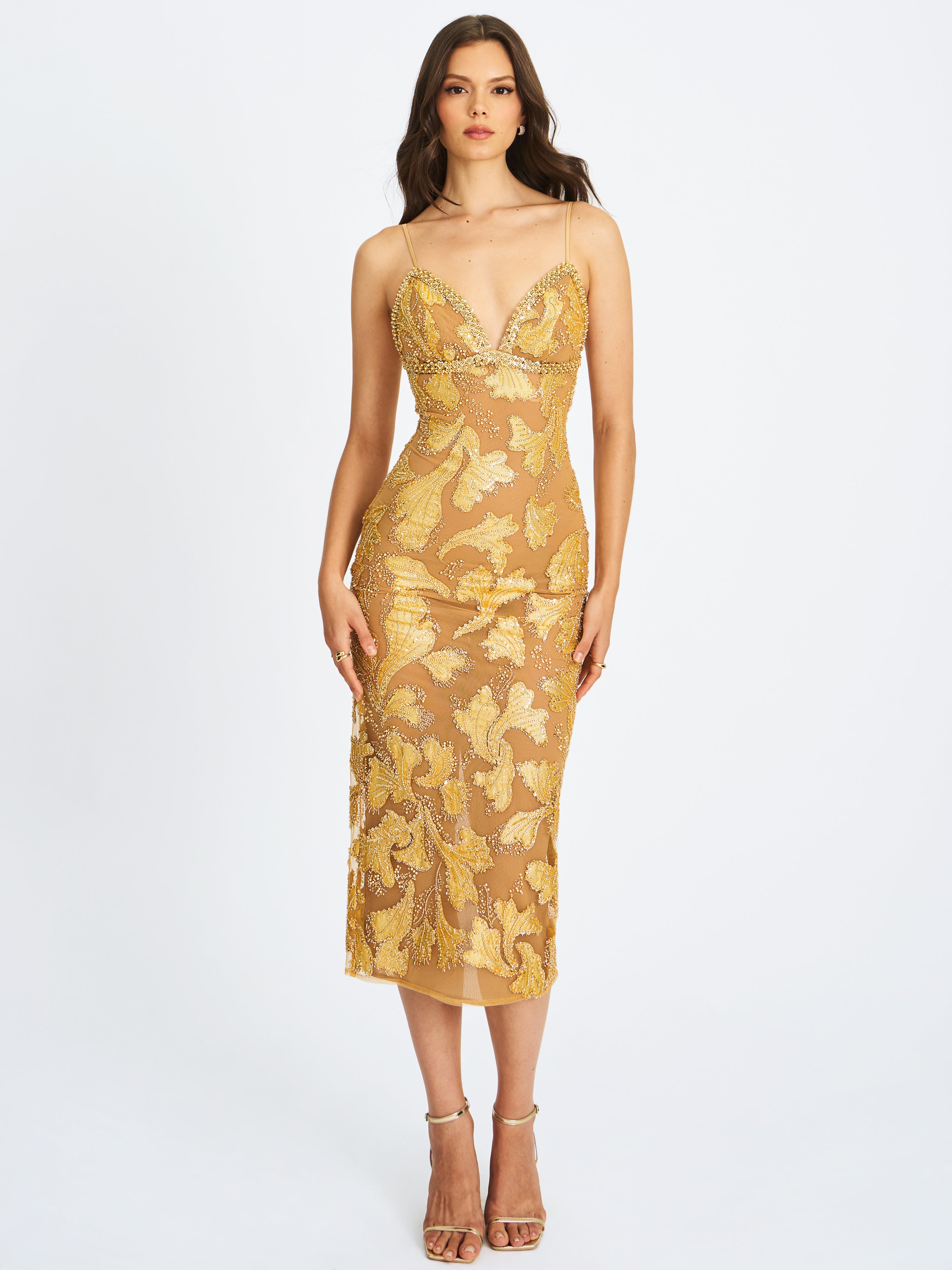Edie Gold Beaded Sequin Midi Pencil Dress