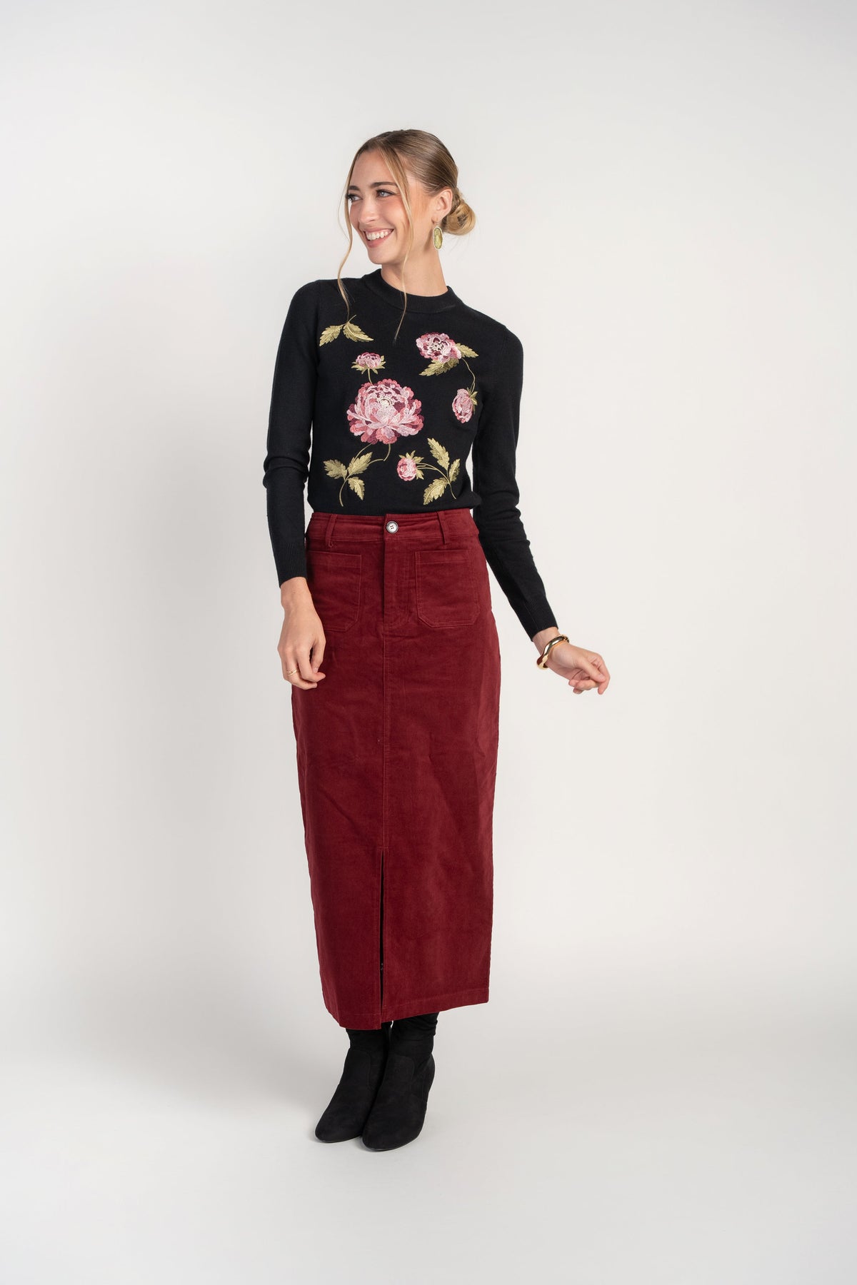 Floral Embroidered Crew Neck Sweater- Floral Artwork on Black