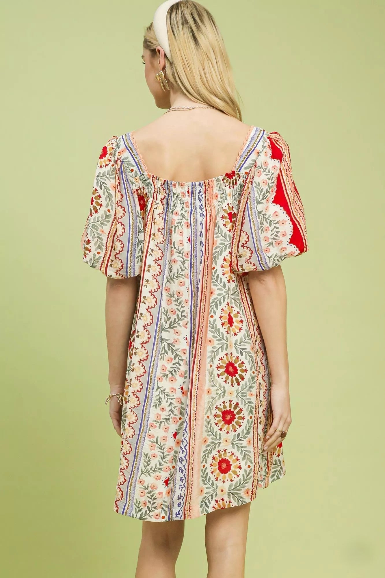 Mixed Print Puff Sleeve Mini Dress