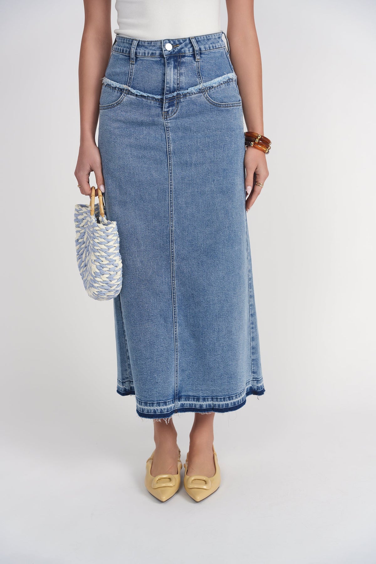 Fray Detail Denim Skirt- Light Wash Blue Denim