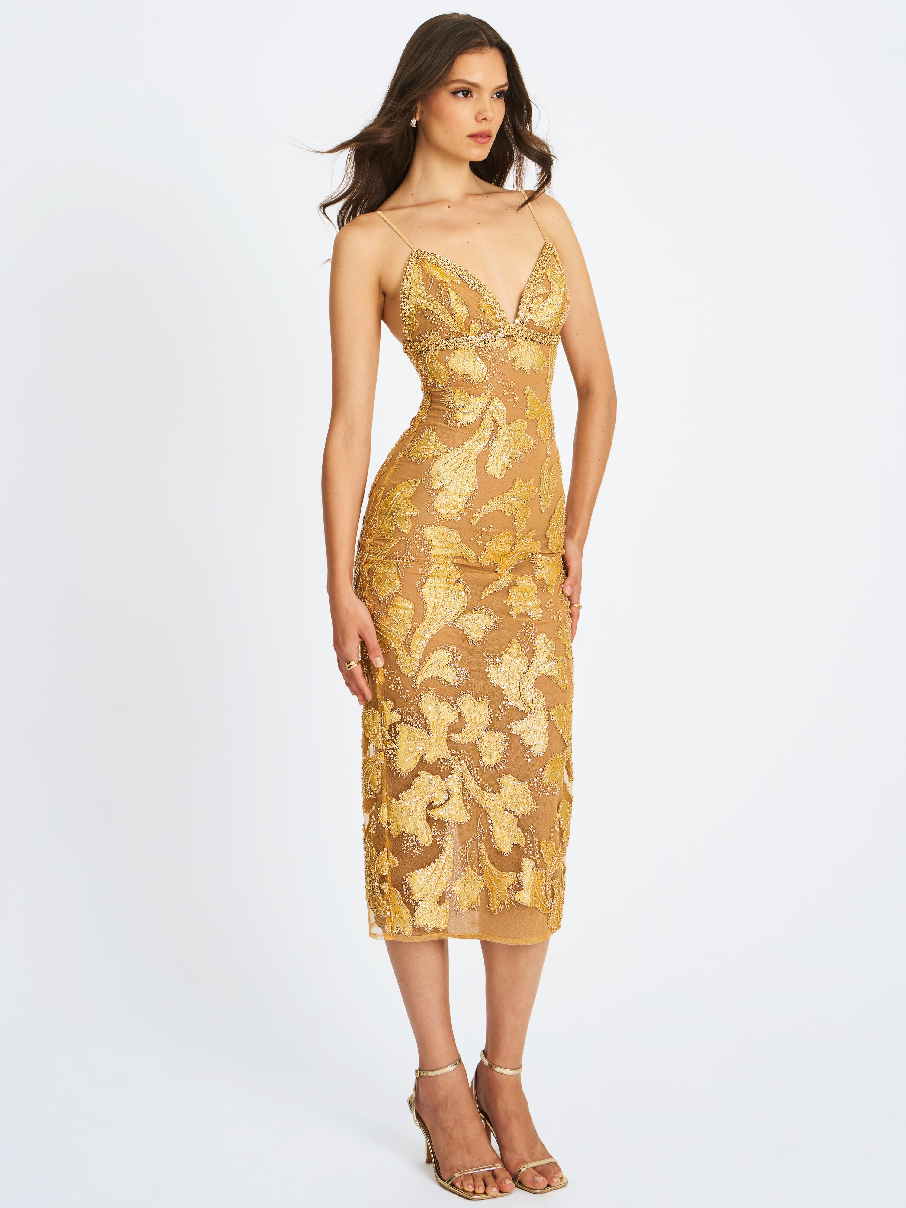 Edie Gold Beaded Sequin Midi Pencil Dress