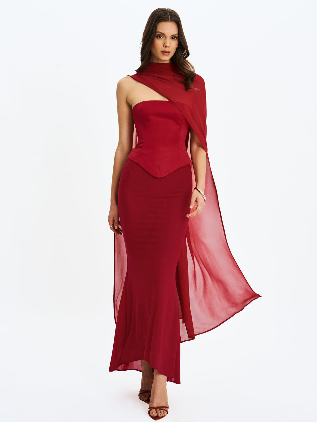 Giselle Crimson Peplum Mermaid Gown with Chiffon Scarf