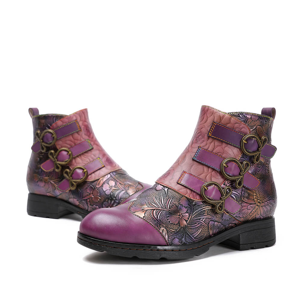 Retro Handmade Leather Painted Floral Flats Boots