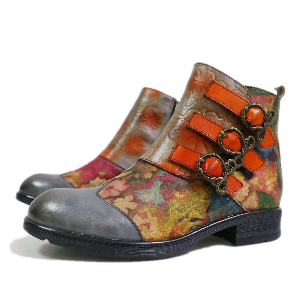 Retro Handmade Leather Painted Floral Flats Boots