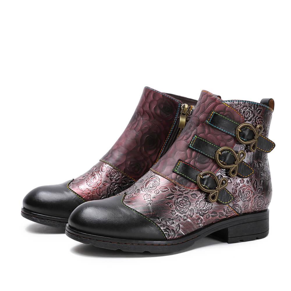 Retro Handmade Leather Painted Floral Flats Boots