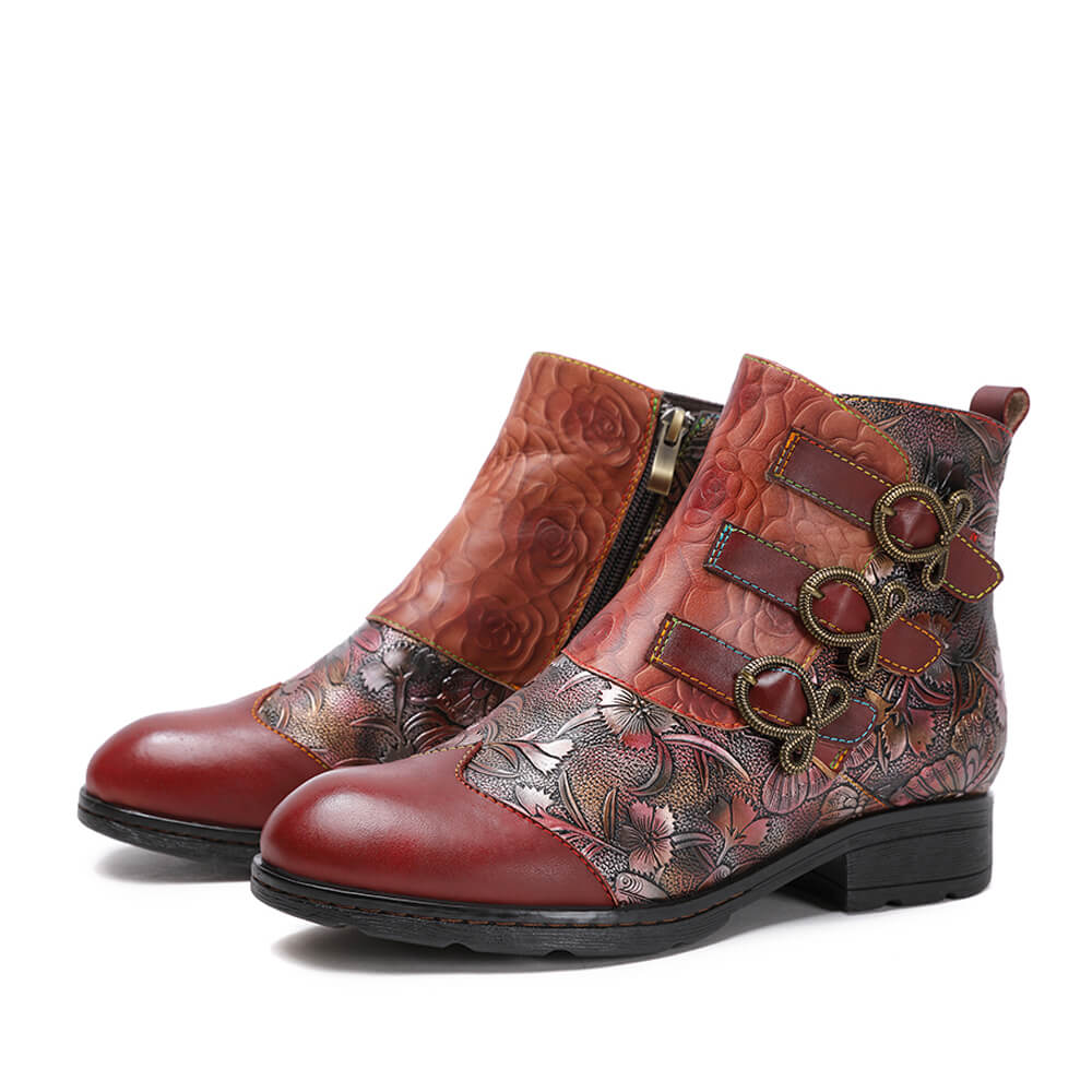 Retro Handmade Leather Painted Floral Flats Boots