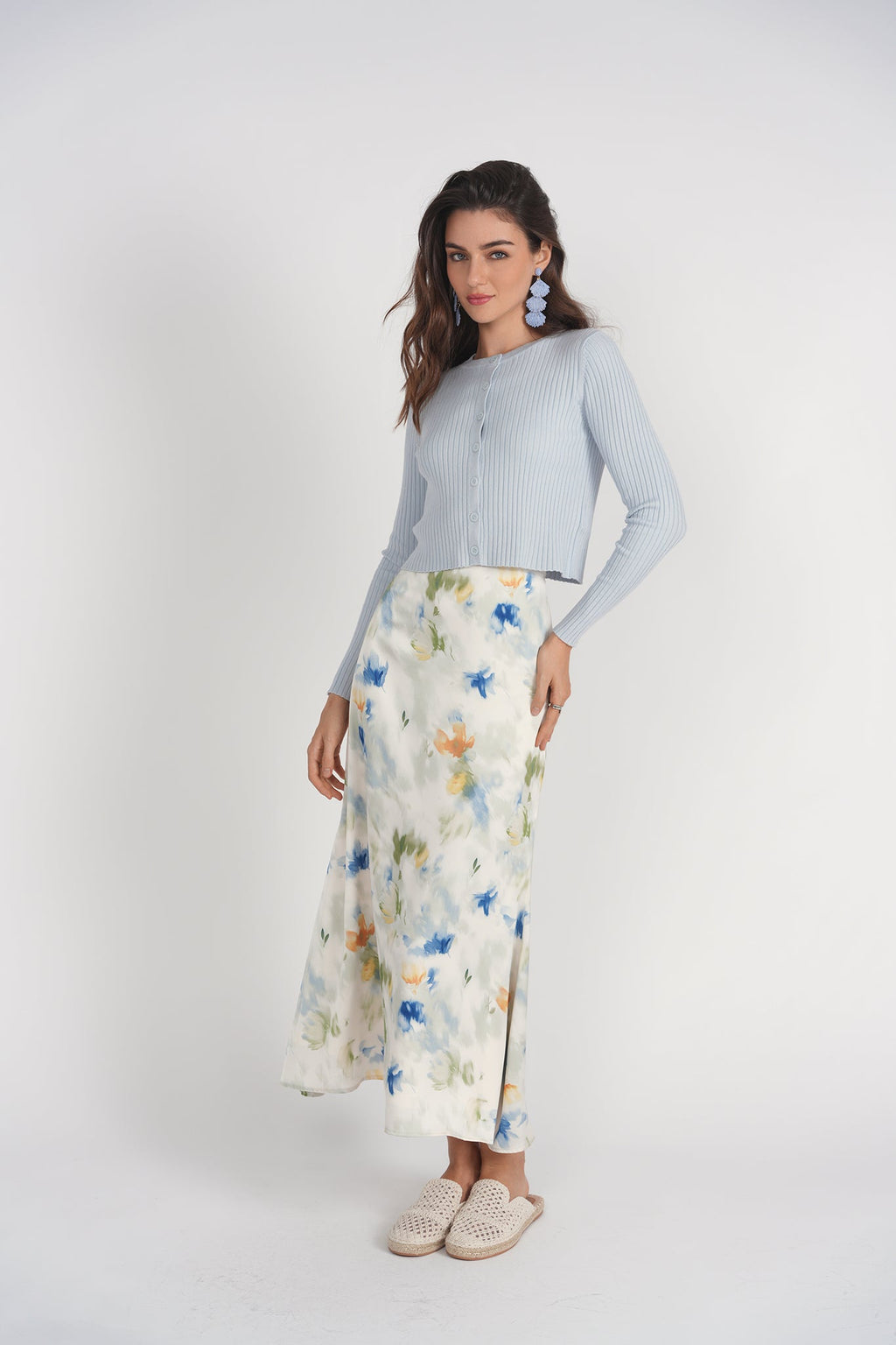 Bias Cut Midi Skirt- Abstract Floral Satin