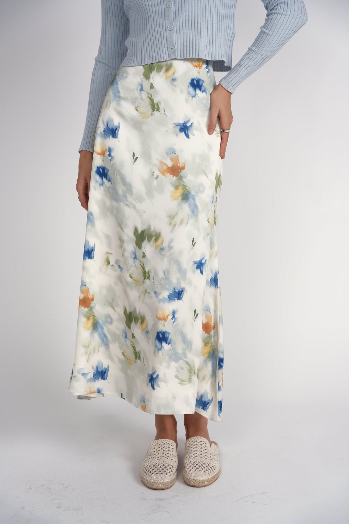 Bias Cut Midi Skirt- Abstract Floral Satin
