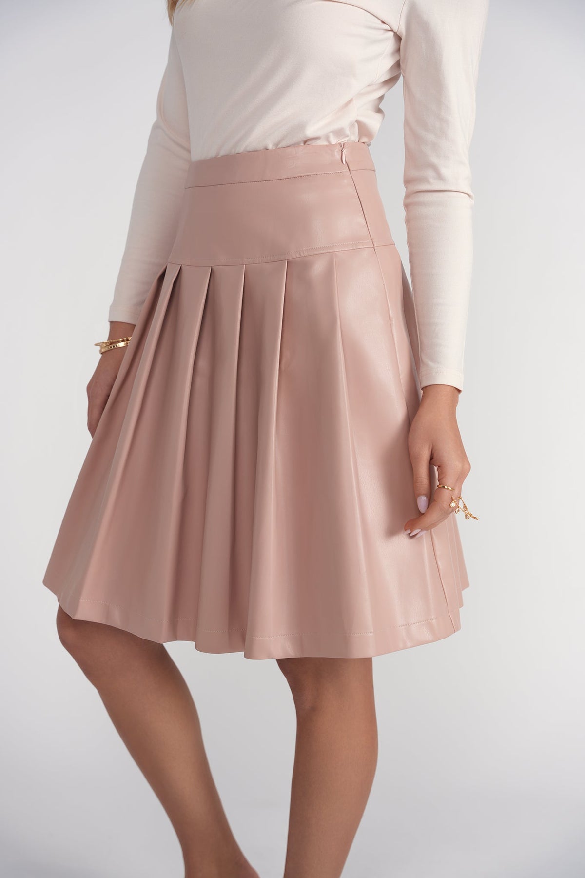 Drop Waist Leather Pleated Skirt- Pink