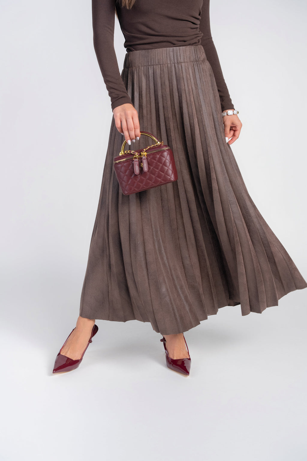 Pebble Leather Pleated Maxi Skirt- Brown