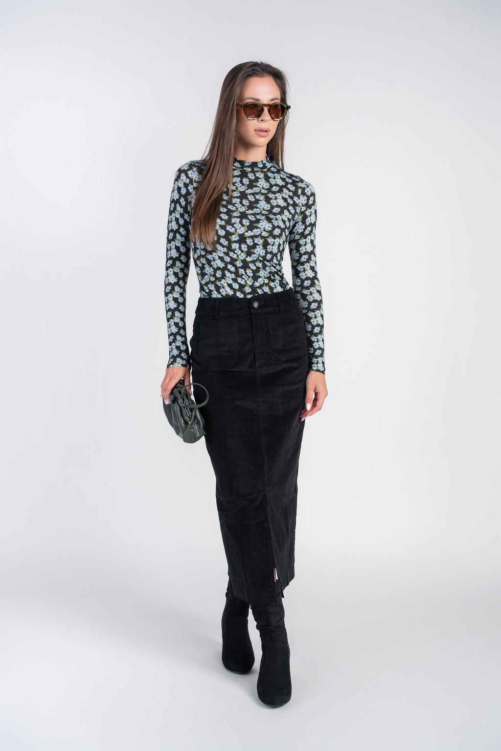 Pocket Midi Skirt- Black Corduroy