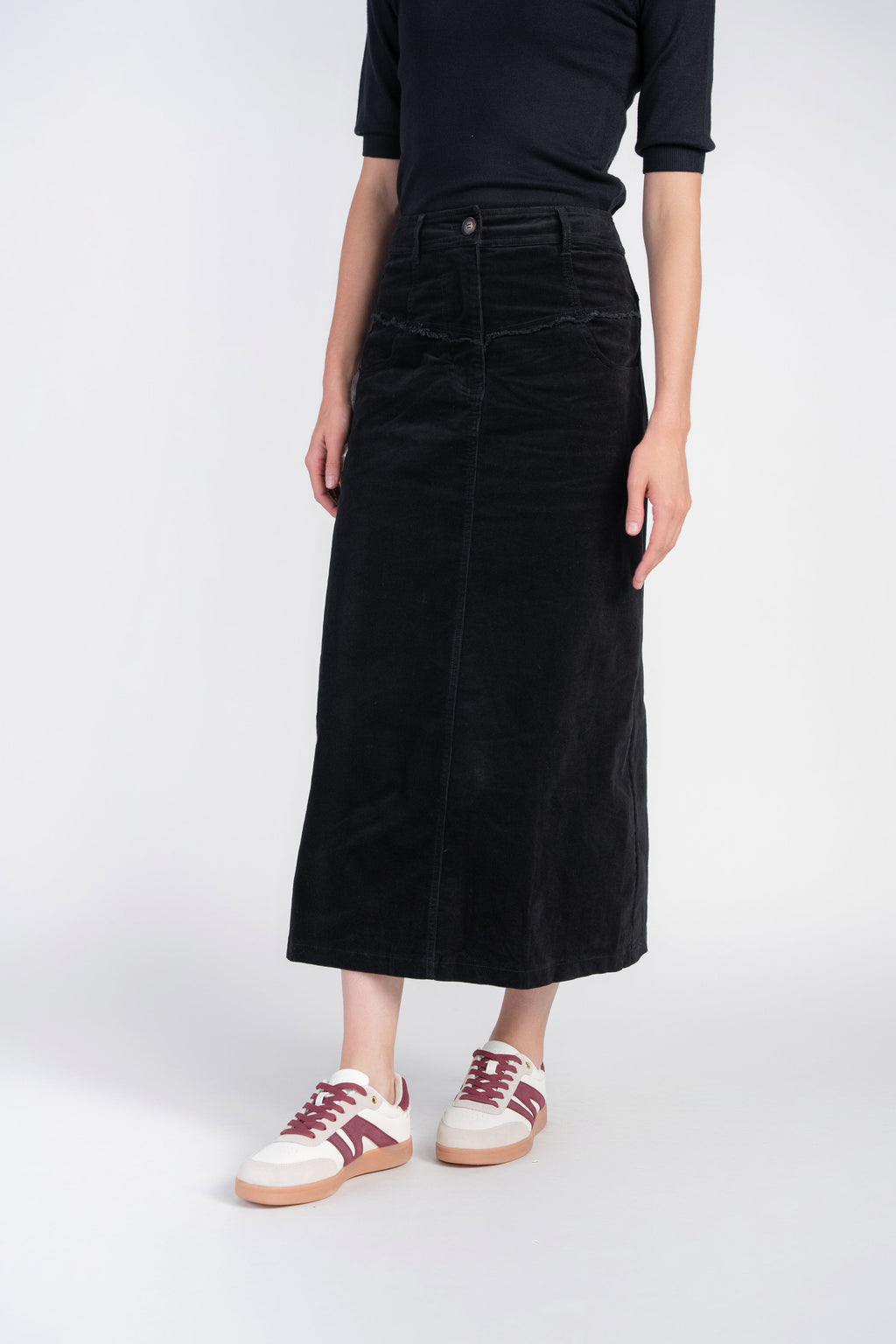 Fray Detail Corduroy Skirt- Black